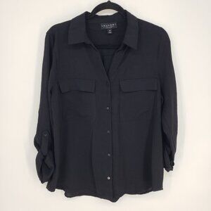 3/$25 Laundry by Shelli Segal Button Down Camp Shirt Top L Womens Collared Black